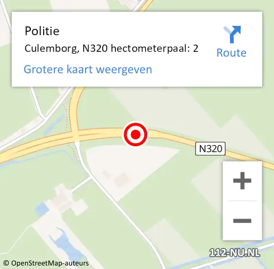 Locatie op kaart van de 112 melding: Politie Culemborg, N320 hectometerpaal: 2 op 15 oktober 2021 09:40