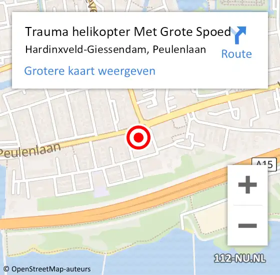 Locatie op kaart van de 112 melding: Trauma helikopter Met Grote Spoed Naar Hardinxveld-Giessendam, Peulenlaan op 15 oktober 2021 09:51