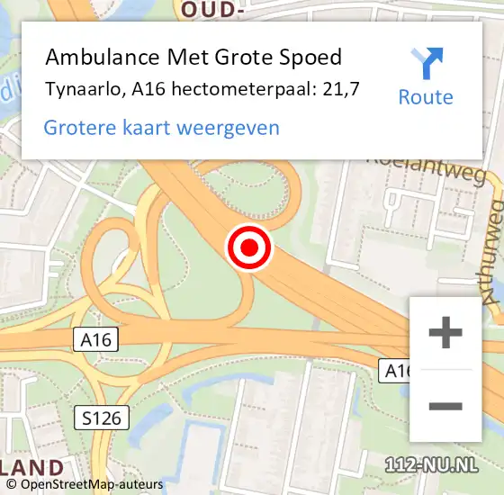 Locatie op kaart van de 112 melding: Ambulance Met Grote Spoed Naar Tynaarlo, A16 hectometerpaal: 21,7 op 15 oktober 2021 11:00