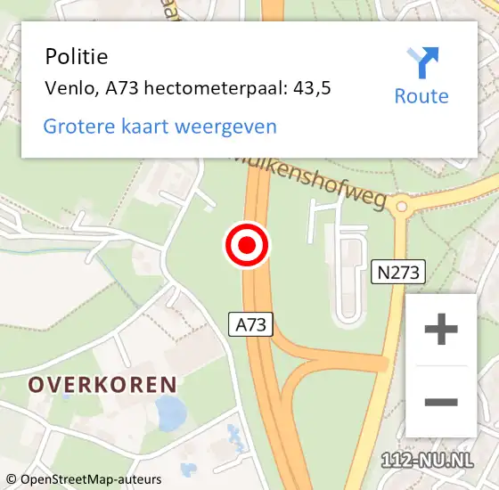 Locatie op kaart van de 112 melding: Politie Venlo, A73 hectometerpaal: 43,5 op 15 oktober 2021 12:52