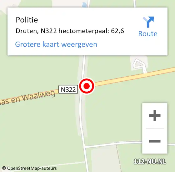 Locatie op kaart van de 112 melding: Politie Druten, N322 hectometerpaal: 62,6 op 15 oktober 2021 14:33