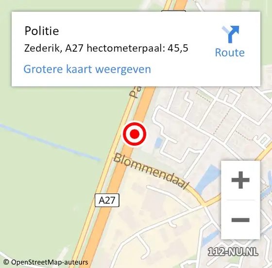 Locatie op kaart van de 112 melding: Politie Zederik, A27 hectometerpaal: 45,5 op 15 oktober 2021 15:07