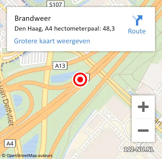 Locatie op kaart van de 112 melding: Brandweer Den Haag, A4 hectometerpaal: 48,3 op 15 oktober 2021 16:22