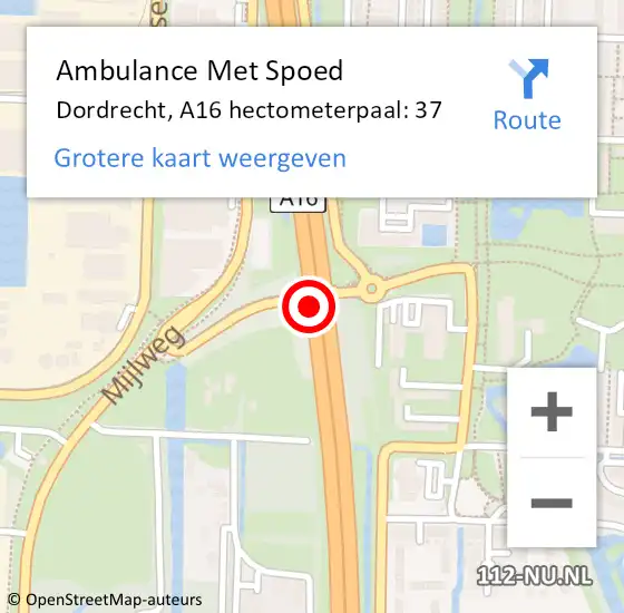 Locatie op kaart van de 112 melding: Ambulance Met Spoed Naar Dordrecht, A16 hectometerpaal: 37 op 15 oktober 2021 16:35