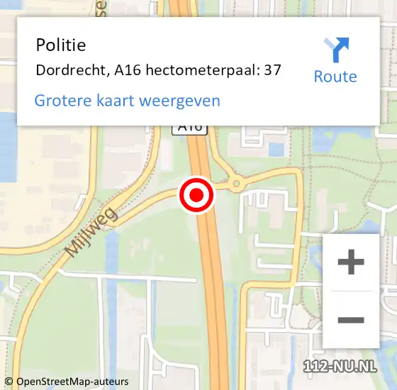 Locatie op kaart van de 112 melding: Politie Dordrecht, A16 hectometerpaal: 37 op 15 oktober 2021 16:35
