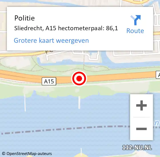 Locatie op kaart van de 112 melding: Politie Hardinxveld-Giessendam, A15 hectometerpaal: 86,1 op 15 oktober 2021 17:13