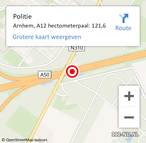 Locatie op kaart van de 112 melding: Politie Arnhem, A12 hectometerpaal: 121,6 op 15 oktober 2021 17:17