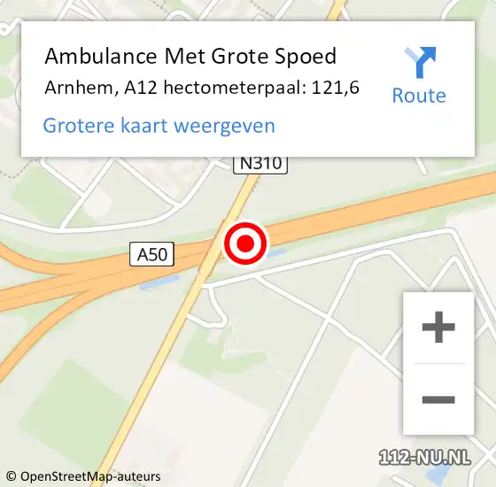 Locatie op kaart van de 112 melding: Ambulance Met Grote Spoed Naar Arnhem, A12 hectometerpaal: 121,6 op 15 oktober 2021 17:18