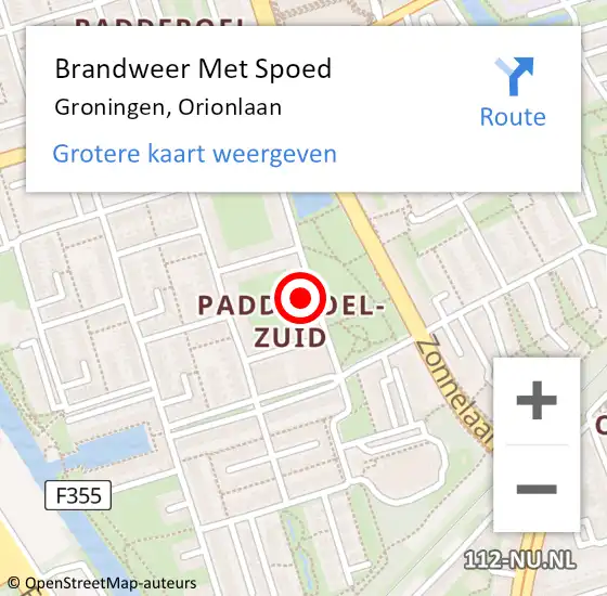 Locatie op kaart van de 112 melding: Brandweer Met Spoed Naar Groningen, Orionlaan op 15 oktober 2021 19:10