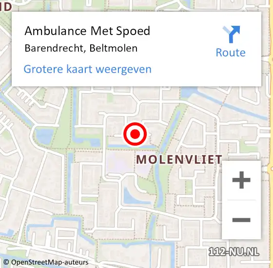 Locatie op kaart van de 112 melding: Ambulance Met Spoed Naar Barendrecht, Beltmolen op 15 oktober 2021 19:20