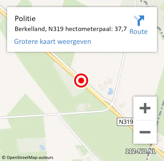 Locatie op kaart van de 112 melding: Politie Berkelland, N319 hectometerpaal: 37,7 op 15 oktober 2021 20:24