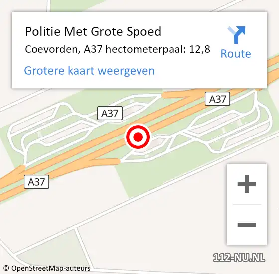 Locatie op kaart van de 112 melding: Politie Met Grote Spoed Naar Coevorden, A37 hectometerpaal: 12,8 op 15 oktober 2021 20:45
