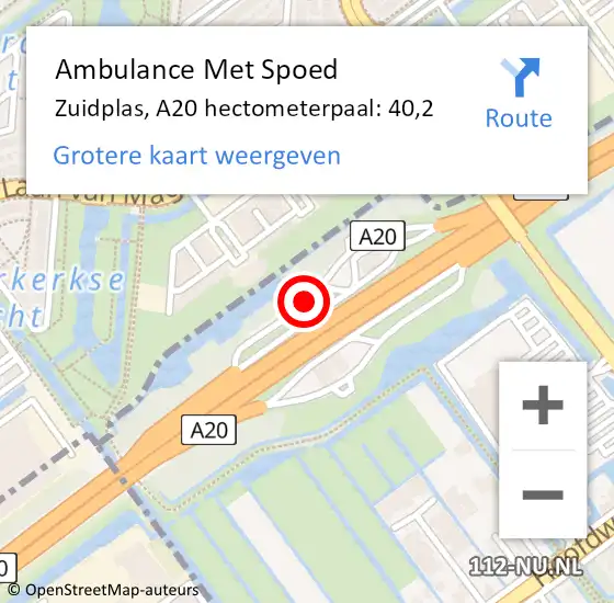 Locatie op kaart van de 112 melding: Ambulance Met Spoed Naar Zuidplas, A20 hectometerpaal: 40,2 op 15 oktober 2021 21:49