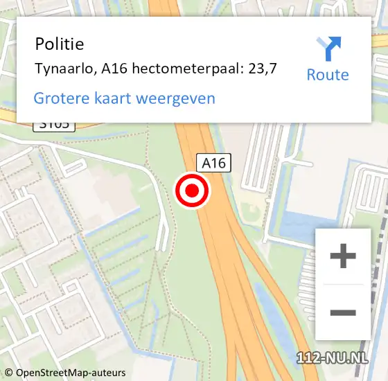 Locatie op kaart van de 112 melding: Politie Tynaarlo, A16 hectometerpaal: 23,7 op 15 oktober 2021 22:21