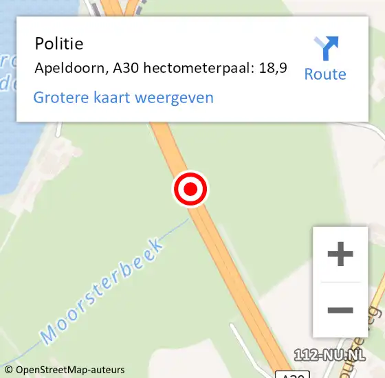 Locatie op kaart van de 112 melding: Politie Apeldoorn, A30 hectometerpaal: 18,9 op 16 oktober 2021 02:06