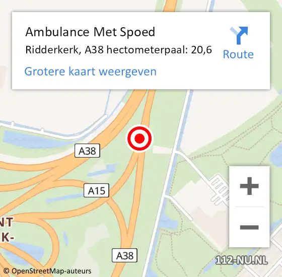 Locatie op kaart van de 112 melding: Ambulance Met Spoed Naar Ridderkerk, A38 hectometerpaal: 20,6 op 16 oktober 2021 04:16