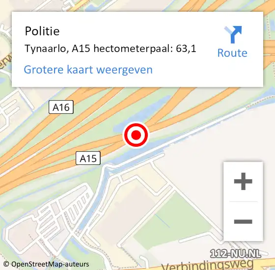 Locatie op kaart van de 112 melding: Politie Tynaarlo, A15 hectometerpaal: 63,1 op 16 oktober 2021 08:33