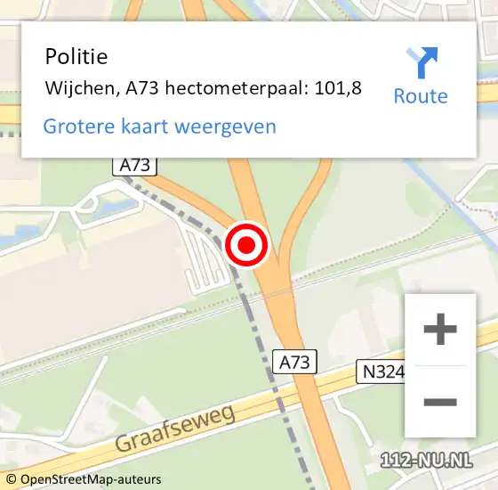 Locatie op kaart van de 112 melding: Politie Wijchen, A73 hectometerpaal: 101,8 op 16 oktober 2021 08:59