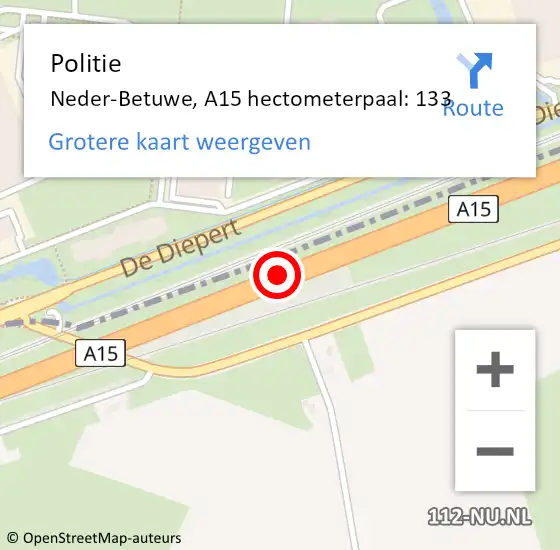 Locatie op kaart van de 112 melding: Politie Neder-Betuwe, A15 hectometerpaal: 133 op 16 oktober 2021 09:36