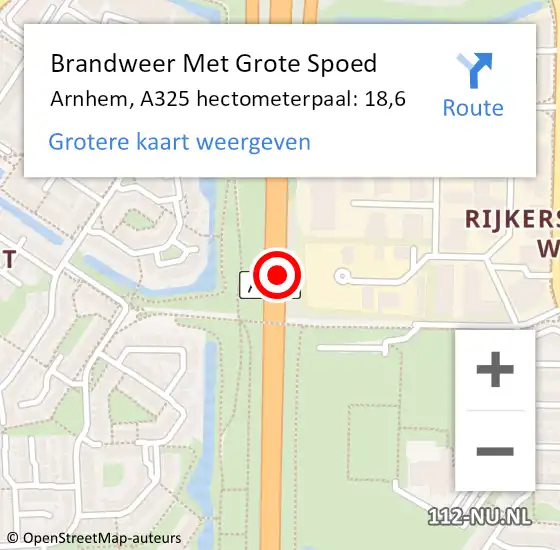 Locatie op kaart van de 112 melding: Brandweer Met Grote Spoed Naar Arnhem, A325 hectometerpaal: 18,6 op 16 oktober 2021 10:38