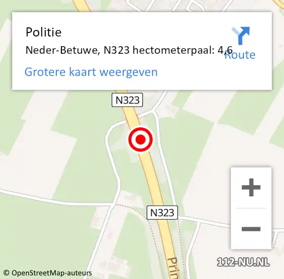 Locatie op kaart van de 112 melding: Politie Neder-Betuwe, N323 hectometerpaal: 4,6 op 16 oktober 2021 13:38