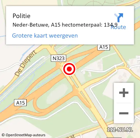 Locatie op kaart van de 112 melding: Politie Neder-Betuwe, A15 hectometerpaal: 134,9 op 16 oktober 2021 13:59