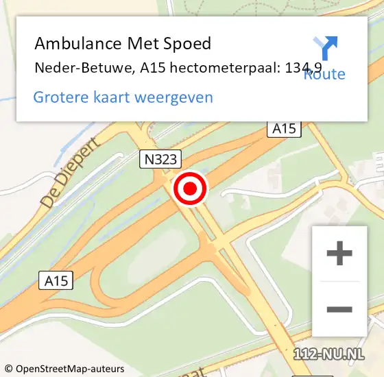 Locatie op kaart van de 112 melding: Ambulance Met Spoed Naar Neder-Betuwe, A15 hectometerpaal: 134,9 op 16 oktober 2021 14:09