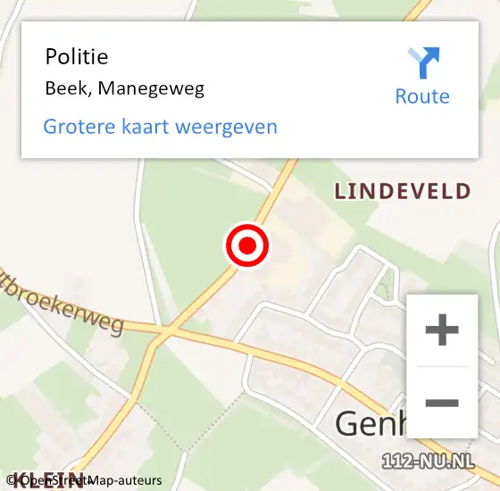 Locatie op kaart van de 112 melding: Politie Beek, Manegeweg op 16 oktober 2021 14:18