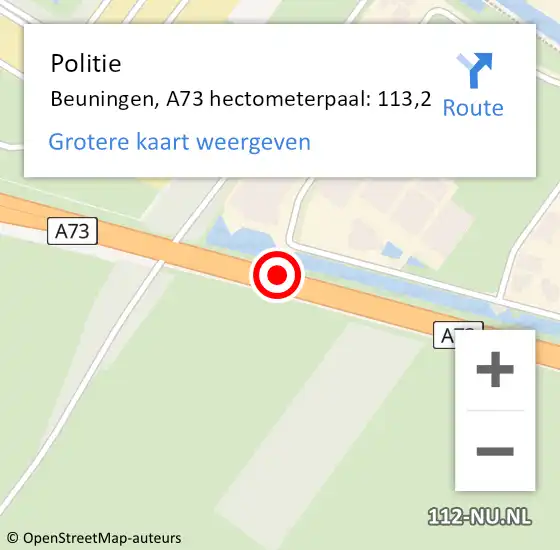 Locatie op kaart van de 112 melding: Politie Beuningen, A73 hectometerpaal: 113,2 op 16 oktober 2021 14:48