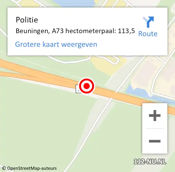Locatie op kaart van de 112 melding: Politie Beuningen, A73 hectometerpaal: 113,5 op 16 oktober 2021 14:49