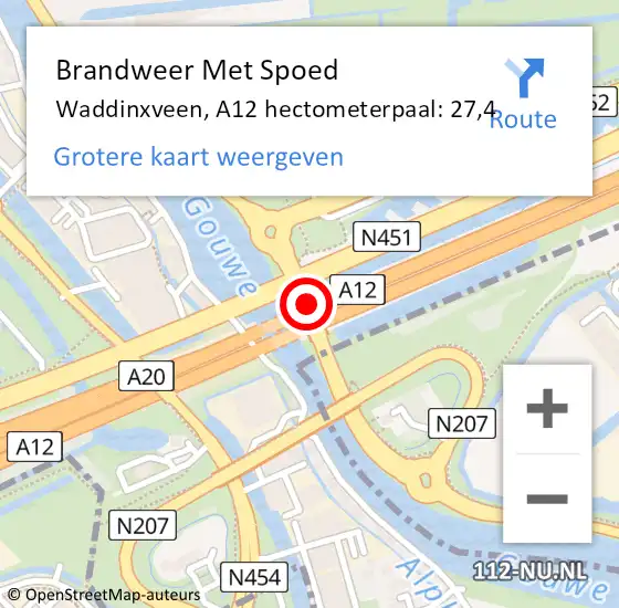 Locatie op kaart van de 112 melding: Brandweer Met Spoed Naar Waddinxveen, A12 hectometerpaal: 27,4 op 16 oktober 2021 14:53