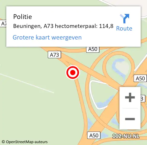 Locatie op kaart van de 112 melding: Politie Beuningen, A73 hectometerpaal: 114,8 op 16 oktober 2021 15:05