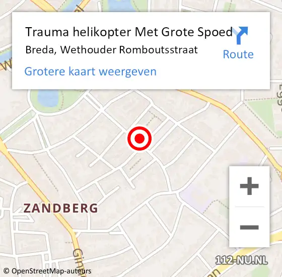 Locatie op kaart van de 112 melding: Trauma helikopter Met Grote Spoed Naar Breda, Wethouder Romboutsstraat op 16 oktober 2021 15:30