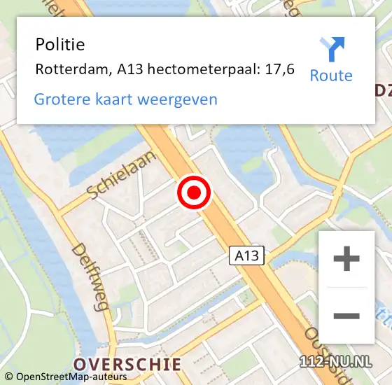 Locatie op kaart van de 112 melding: Politie Rotterdam, A13 hectometerpaal: 17,6 op 16 oktober 2021 16:44