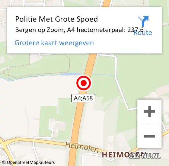 Locatie op kaart van de 112 melding: Politie Met Grote Spoed Naar Bergen op Zoom, A4 hectometerpaal: 237,6 op 16 oktober 2021 19:05