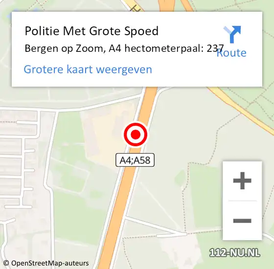 Locatie op kaart van de 112 melding: Politie Met Grote Spoed Naar Bergen op Zoom, A4 hectometerpaal: 237 op 16 oktober 2021 19:05