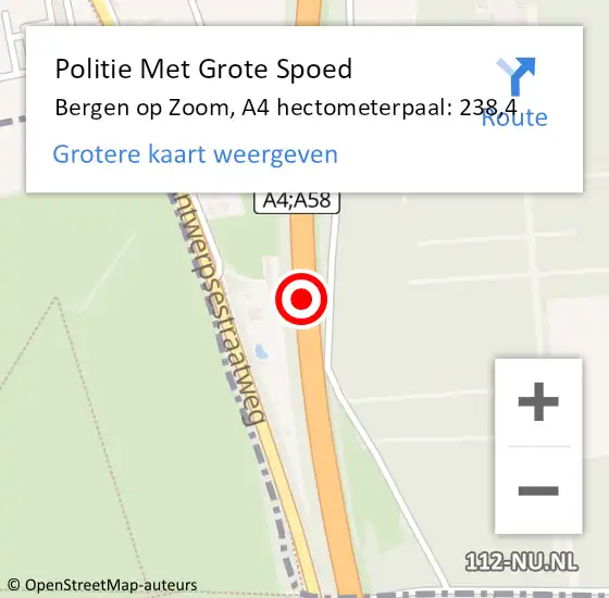Locatie op kaart van de 112 melding: Politie Met Grote Spoed Naar Bergen op Zoom, A4 hectometerpaal: 238,4 op 16 oktober 2021 19:06