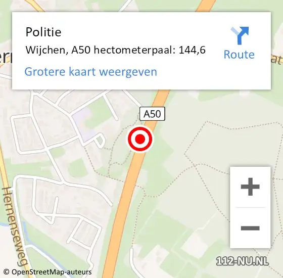 Locatie op kaart van de 112 melding: Politie Wijchen, A50 hectometerpaal: 144,6 op 16 oktober 2021 19:11