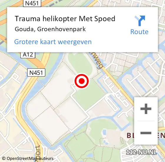 Locatie op kaart van de 112 melding: Trauma helikopter Met Spoed Naar Gouda, Groenhovenpark op 16 oktober 2021 19:52