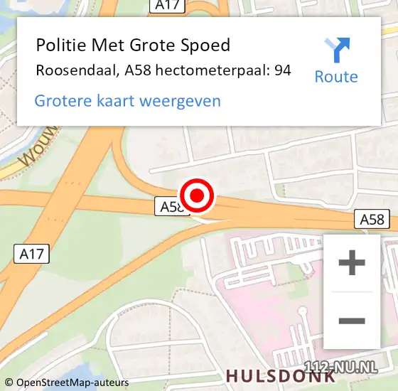 Locatie op kaart van de 112 melding: Politie Met Grote Spoed Naar Roosendaal, A58 hectometerpaal: 94 op 16 oktober 2021 21:31