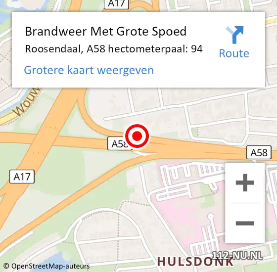 Locatie op kaart van de 112 melding: Brandweer Met Grote Spoed Naar Roosendaal, A58 hectometerpaal: 94 op 16 oktober 2021 21:32