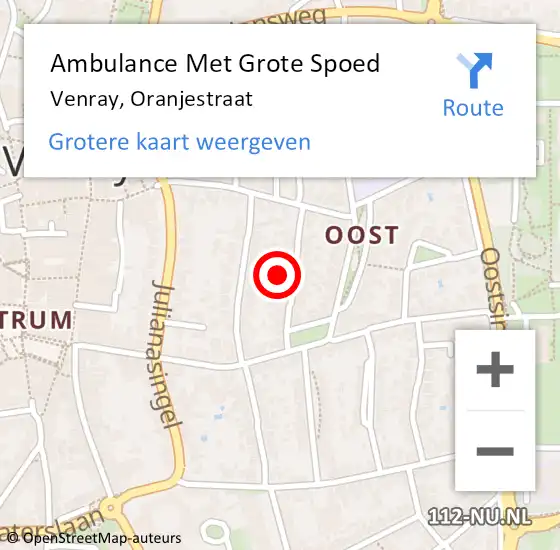 Locatie op kaart van de 112 melding: Ambulance Met Grote Spoed Naar Venray, Oranjestraat op 26 juni 2014 10:40