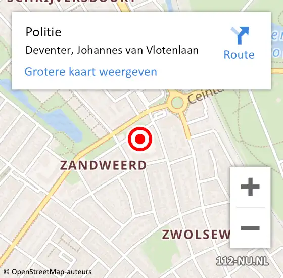 Locatie op kaart van de 112 melding: Politie Deventer, Johannes van Vlotenlaan op 17 oktober 2021 00:23