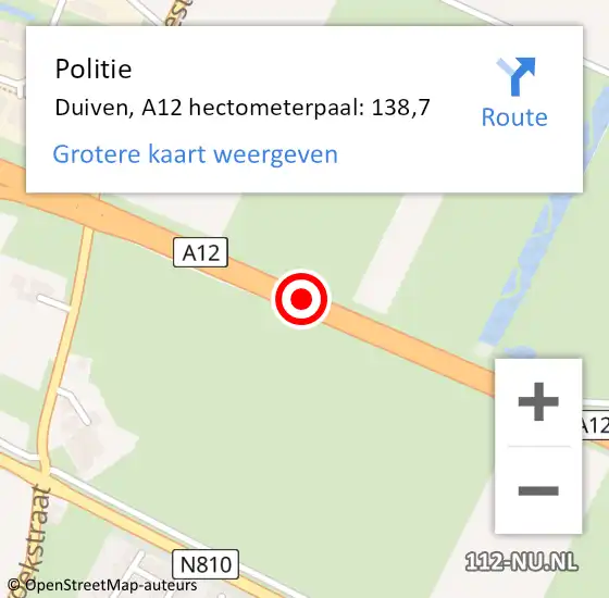 Locatie op kaart van de 112 melding: Politie Duiven, A12 hectometerpaal: 138,7 op 17 oktober 2021 14:30