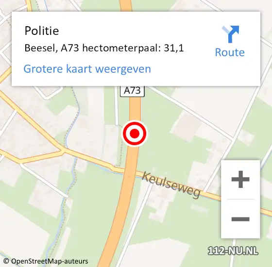 Locatie op kaart van de 112 melding: Politie Beesel, A73 hectometerpaal: 31,1 op 17 oktober 2021 16:42
