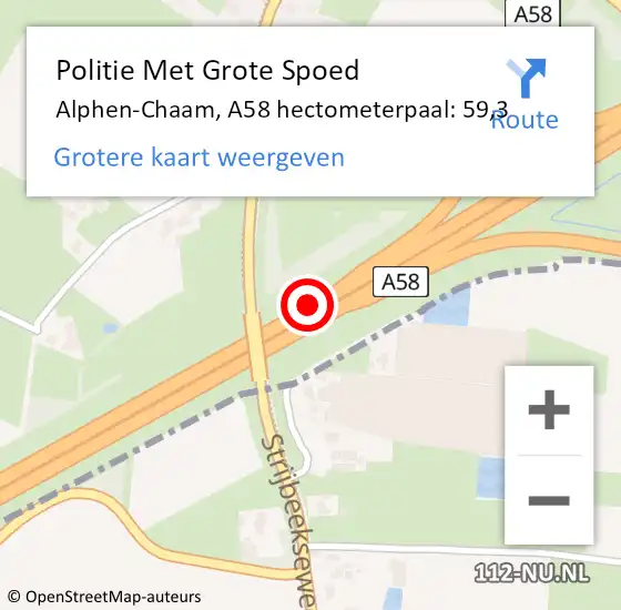 Locatie op kaart van de 112 melding: Politie Met Grote Spoed Naar Alphen-Chaam, A58 hectometerpaal: 59,3 op 17 oktober 2021 20:07