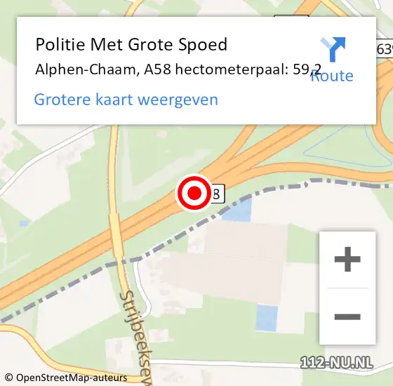 Locatie op kaart van de 112 melding: Politie Met Grote Spoed Naar Alphen-Chaam, A58 hectometerpaal: 59,2 op 17 oktober 2021 20:08