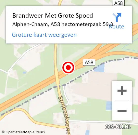 Locatie op kaart van de 112 melding: Brandweer Met Grote Spoed Naar Alphen-Chaam, A58 hectometerpaal: 59,3 op 17 oktober 2021 20:09