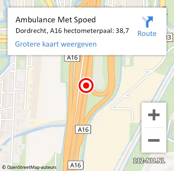 Locatie op kaart van de 112 melding: Ambulance Met Spoed Naar Dordrecht, A16 hectometerpaal: 38,7 op 17 oktober 2021 22:15