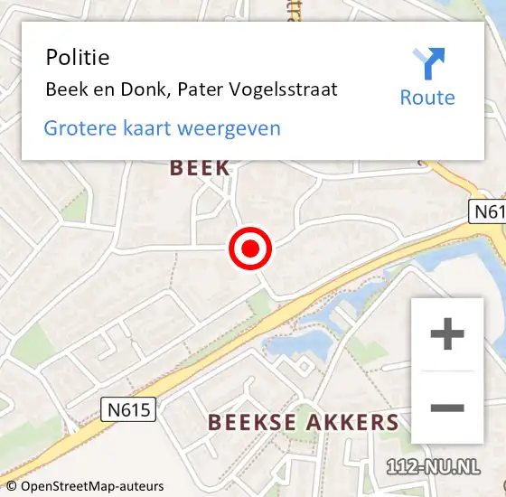 Locatie op kaart van de 112 melding: Politie Beek en Donk, Pater Vogelsstraat op 17 oktober 2021 22:15